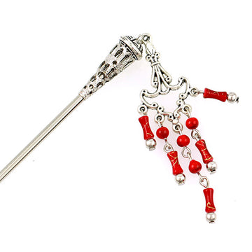 Tribal Style Hair Stick w/ Beads Tassels Red